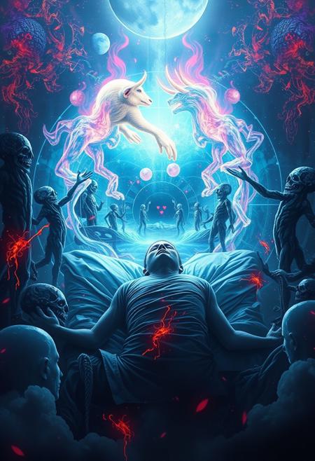 A vivid digital art piece depicting the dreams of a schizophrenic