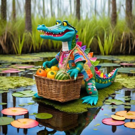 An anthropomorphic patchwork alligator shopping for groceries in a swamp. This alligator is colorful and made of various fabric patches, walking on two legs. It carries a basket filled with typical swamp groceries like water lilies, fish, and moss. The setting is a lush swamp with trees draped in Spanish moss and the ground covered in water. The style is vivid and detailed, resembling digital art with a whimsical, vibrant color palette