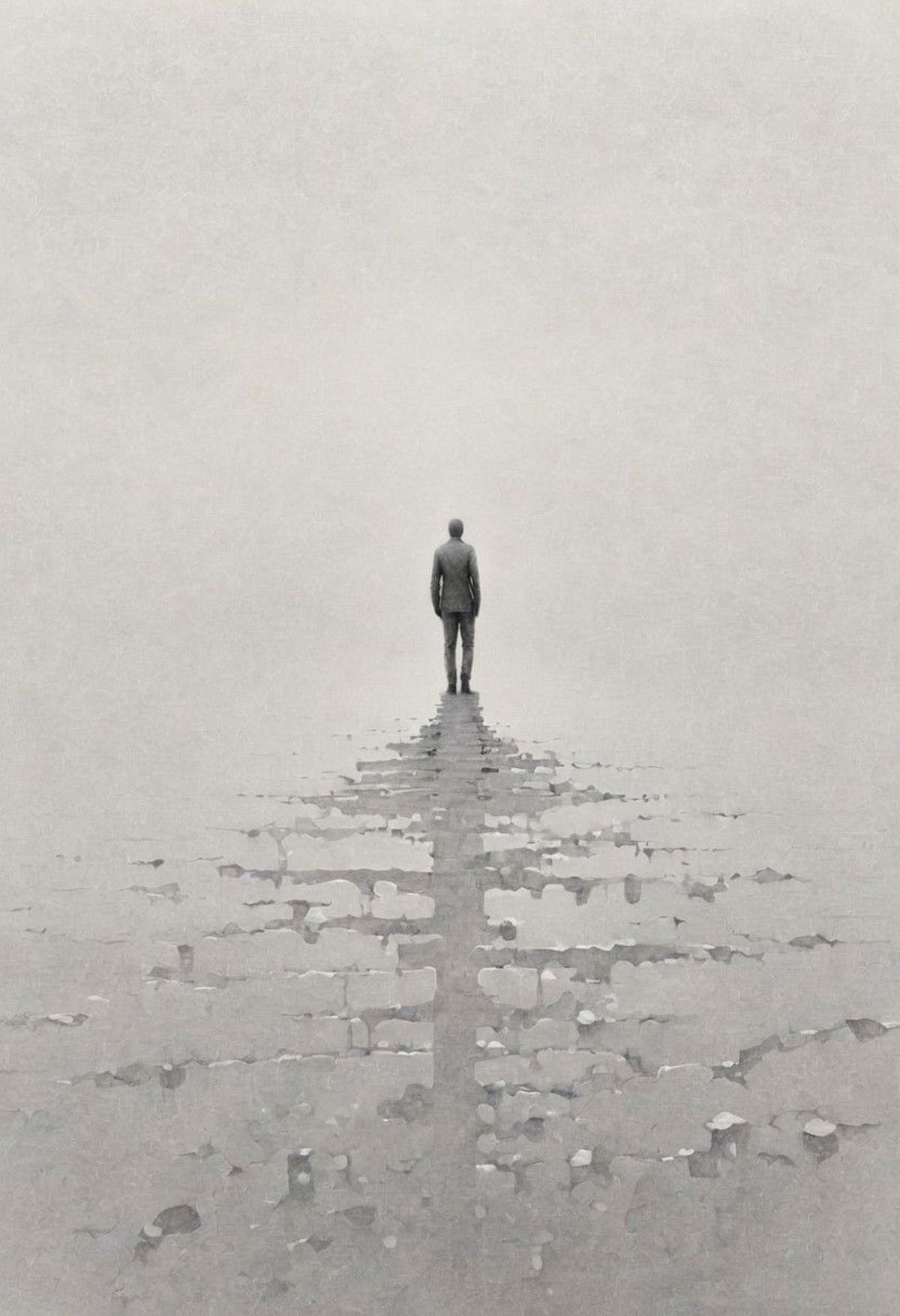 A man walking in a foggy area with a broken road.