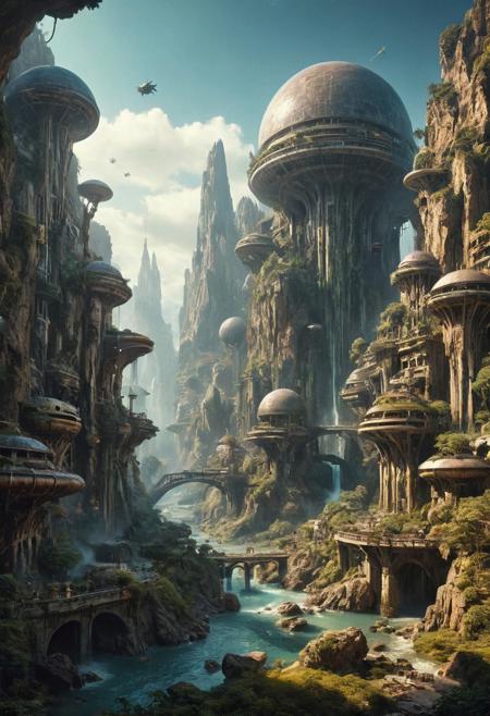 A grand, majestic 1960s retro-futurism space-opera city carved into a mountainside on a alien planet with intricate architectural designs. The city features multiple domed buildings, towering statues, and a large bridges connecting different parts of the city. The scene is set in a alien landscape with rocky cliffs and waterfalls, creating a sense of awe and wonder.