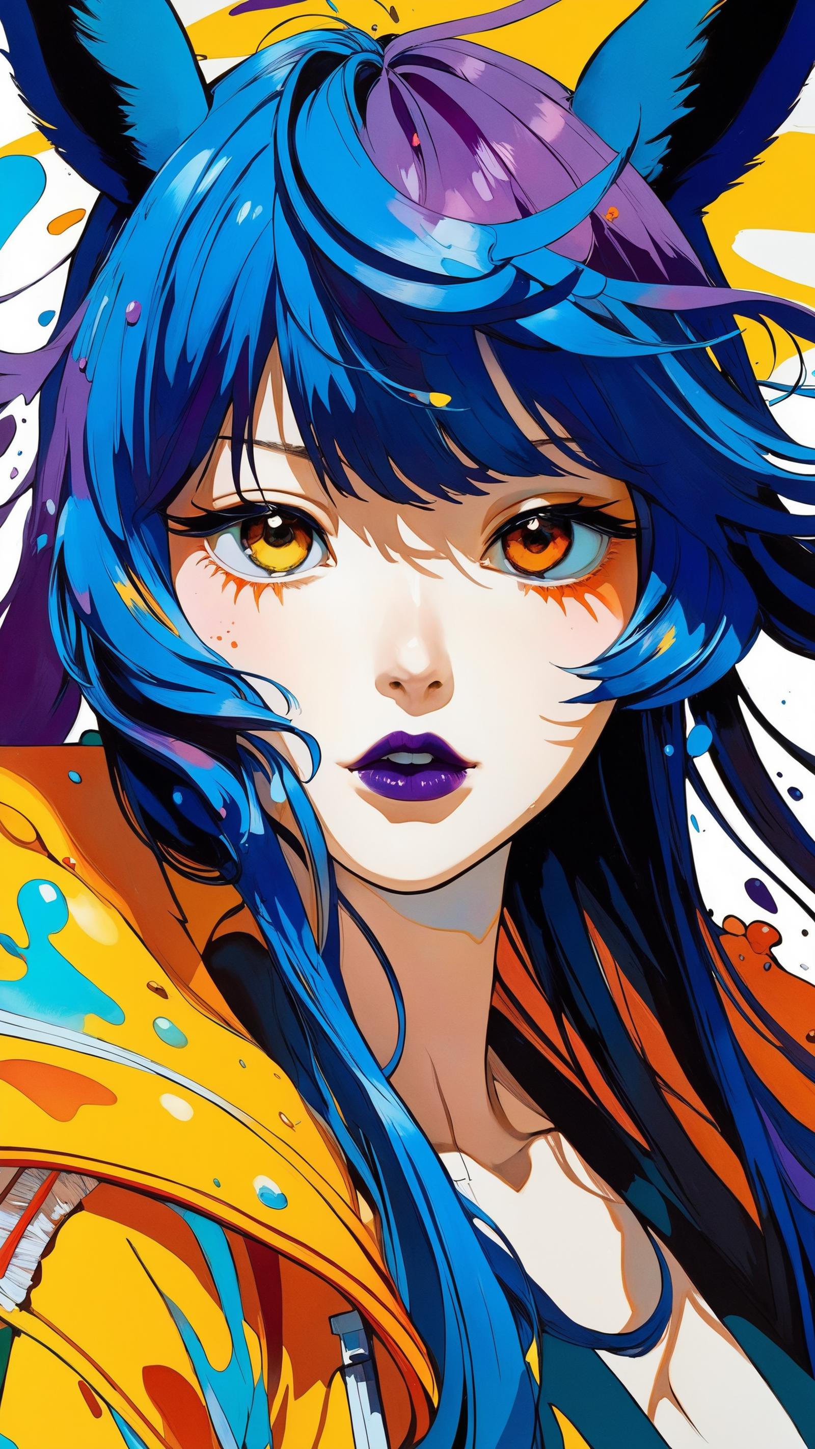 Anime Character with Purple Lips and Blue Hair