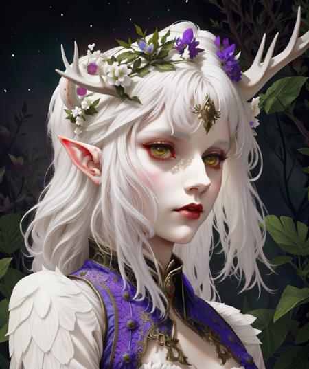 Elf female , in dress ornate, white hair, deer horns on her head, elven goddess dragon age, perfectly proportioned body , flowers , leaves, white deer, omnilight , intricate detail ,dark background , HD. Photography