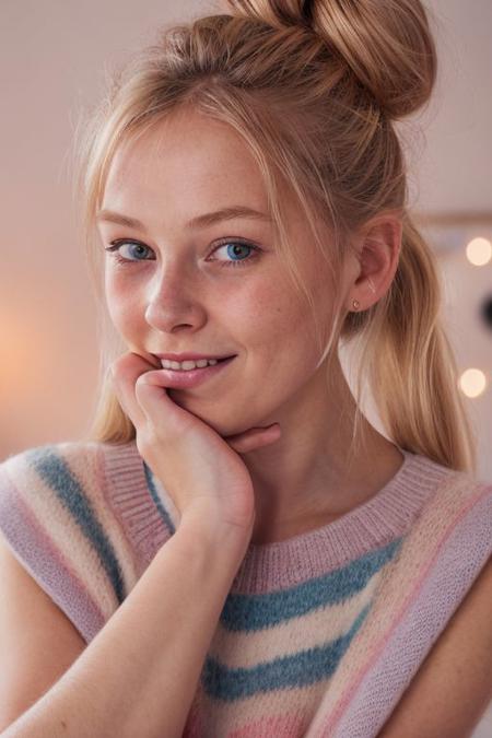Close up (zooming on face), Excited Blushed Swedish Woman in leotard and colorfull neon Striped knitted wool stockings, Red blonde hairbun, shy Smile, offering Herself, nice scandinavian bedroom at night, dimmed light, (((look at right side))), ((shy Look from Beneath 
with soft lighting)), ((hand on mouth)), inviting decor, RAW photo, (high detailed skin:1.2), 8k UHD, DSLR, soft lighting, high quality, film grain, Fujifilm XT3, RAW candid cinema, 16mm, color graded portra 400 film, remarkable color, ultra realistic, textured skin, remarkable detailed pupils, realistic dull skin noise, visible skin detail, skin fuzz, dry skin, shot with cinematic camera, feminine expressions,