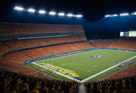 The stadium, a bustling hub of activity, is awash with the vibrant hues of team colors. The field, a lush expanse of green, is set against the backdrop of the crowd, a sea of color under the bright stadium lights. As the teams take the field, their uniforms add a splash of color to the scene. The cheerleaders, in their vibrant outfits, contribute to the visual spectacle. The energy of the stadium is visually palpable, transforming the concrete structure into a pulsating entity under the glow of the lights.