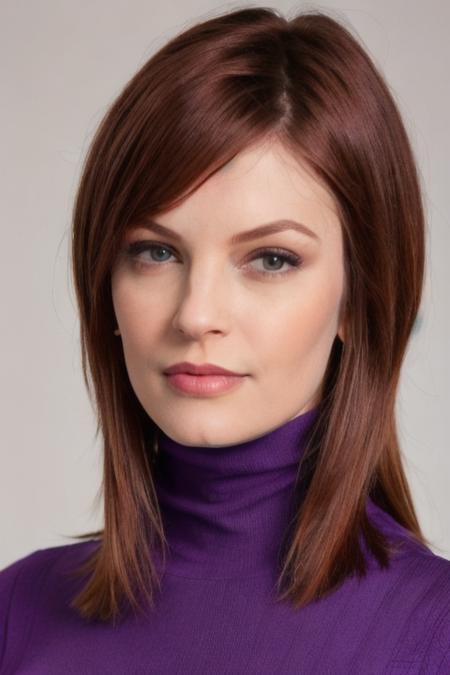 Photo of br33d4n13ls woman, detailed face, purple turtleneck blouse