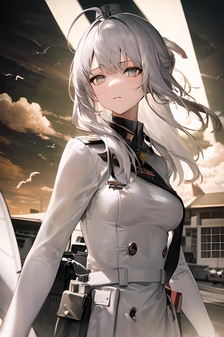 solo,masterpiece, best quality,1girl, ahoge, aircraft, airplane, bird, cloud, cloudy_sky, cross, crown, fighter_jet, flying, gloves, grey_eyes, grey_sky, jet, long_hair, looking_at_viewer, military_vehicle, outdoors, seagull, sky, solo, wings