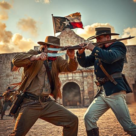 A cinematic close-up of two adult warriors—a Texian defender and a Mexican soldier—locked in fierce combat in a dusty courtyard, the Alamo mission looming behind. The tattered Texas flag, white star on blue, flies above the mission’s battlements, where cannons fire, smoke billowing. Distant ranks clash under a fiery Texas sky, focusing on the intense duel.
Texian Defender: A rugged adult Texian swings a Bowie knife, stance desperate. He wears a worn leather jacket, tan with fringe, and a coonskin cap or wide-brimmed hat. A musket with a bayonet is slung across his back, and a flintlock pistol is tucked in his belt. His cotton shirt is stained with sweat and blood. Colors are earthy tan, brown, and faded blue, with a red bandana.
Mexican Soldier: An adult Mexican infantryman thrusts a bayonet-tipped musket, uniform crisp. He wears a dark blue shako hat with a brass badge and a blue wool coat with red epaulettes and white cross-belts. His trousers are white, stained with dust. A short sword hangs at his side. Colors are deep blue, red, and white, with gold accents on buttons.
Cannon smoke and golden sunlight cast dramatic shadows, glinting off bayonets and dented gear. The Alamo’s weathered adobe walls show bullet scars. Dust and blood mark the warriors’ grim faces. The scene is hyper-detailed, with textured uniforms and dynamic motion. (1498 characters)