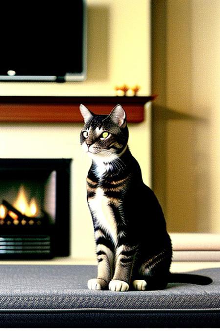 a cat smoking a cigar, sitting on black couch, fireplace,<lora:vhs:1>