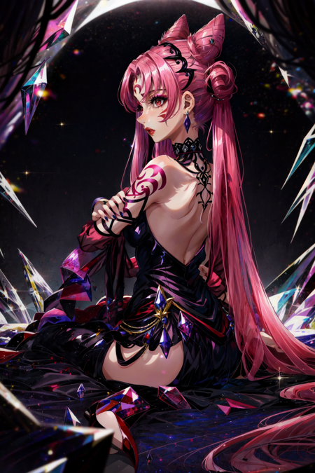 <lora:BlackLady:0.8> Dark_Lady, 1girl, solo, long hair, red eyes, dress, bare shoulders, jewelry, sitting, very long hair, pink hair, earrings, choker, hair bun, nail polish, black dress,lips, double bun, tattoo, profile, makeup, facial mark, crossed arms, lipstick, crescent, aged up, backless outfit, forehead mark, realistic, nose, red lips, bare back, cone hair bun, backless dress, crescent facial mark, crystal earrings