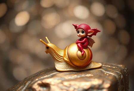 tiny red gobin jockey, with pointy ears and little bat wings,  riding a golden snail on a smooth iridescent rock, metallic striped shell, glittering bokeh background