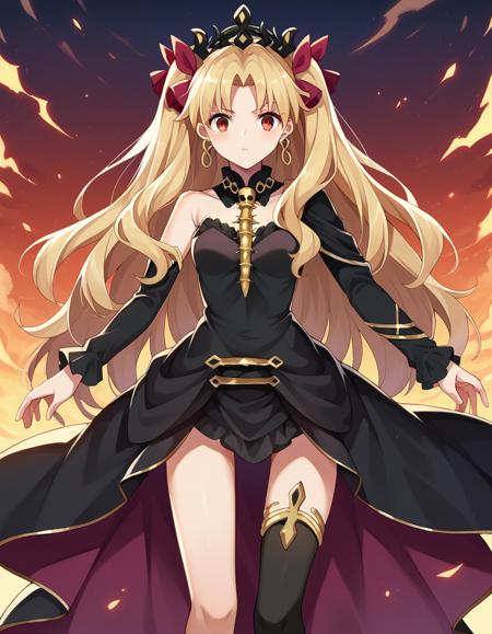 ereshkigal, long hair, blonde hair, very long hair, two side up, tiara, red eyes, ribbon, hair ribbon, red ribbon, parted bangs, medium breasts thighhighs, dress, jewelry, earrings, black dress, single thighhigh, asymmetrical legwear, uneven legwear, single sleeve, spine,