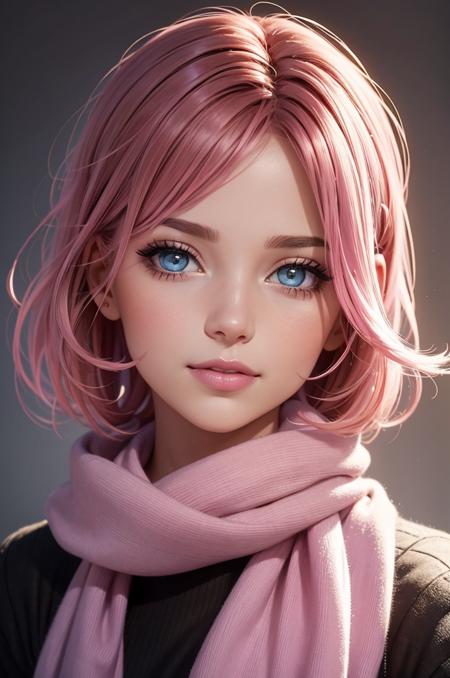 Light Projection,a portrait of a woman painted on a wall with light,stunning beauty,soft light, dark colors,line art,simple background,modernism, Looking at viewer, beautiful eyes, beautiful face, happy mood, glowing lips, pink hair, light smile, makeup, beautiful makeup, glowing pink lips, punk, goth, scarf, beautiful hair, brown hair