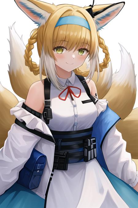 masterpiece, best quality, highres, 1girl, solo, {suzuran_arknights:1.10}, animal_ears, fox_ears, blonde_hair, fox_girl, fox_tail, bangs, tail, green_eyes, hairband, animal_ear_fluff, multiple_tails, blue_hairband, braid, hair_rings, kitsune, white_hair, multicolored_hair, smile, infection_monitor_\(arknights\), holding, oripathy_lesion_\(arknights\), hair_between_eyes, long_hair, two-tone_hair, frills, looking_at_viewer, neck_ribbon, red_ribbon, ribbon, frilled_hairband, long_sleeves, official_alternate_costume, shirt, white_shirt, blue_skirt, skirt, closed_mouth, jacket, open_clothes, very_long_hair, open_jacket, shoulder_bag, white_jacket, bag, high-waist_skirt, on_head, puffy_long_sleeves