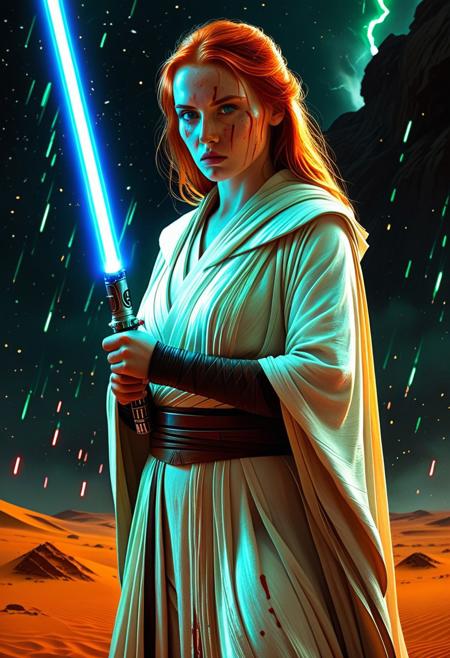 A beautiful Jedi Knight with wavy red hair Standing on the a bloody battlefield on Tatooine. Her white Jedi robe are intricately detailed and reflecting flickering light, Star Wars style, The light of battle illuminates her determined expression as she prepares to face the dark enemy, (holding the blue Lightsaber in his hand: 1.5), Close up. Star Wars art style, They stand on the battlefield against an army of Dark Sith where a bloody slaughter is taking place, (standing in a vigorous pose: 1.3), (direct eye contact: 1.3), whole athletic body, cinematic lightning, intricately detailed white and green Jedi robe, The scene is reminiscent of a Greg Rutkowski concept art piece, realstic blue eyes, realistic freckled pale face covered in blood, with dramatic lighting and a dark, curvy, looking at viewer, gritty atmosphere, Ultra-detailed, Raytracing reflections, High contrast, beautiful Jedi Knight, beautiful firm body, girl athletic figure, (very pale face: 1.3), oranges, and greens, attractive 21 years old woman, cinematic lightning, Cinematic film still, Medium shot. Best quality, Masterpiece, The scene is reminiscent of a Greg Rutkowski concept art piece, realistic pale face covered in blood, with dramatic lighting and a dark, gritty atmosphere, asymmetrical balance, adding to the intense and dynamic atmosphere of the scene
