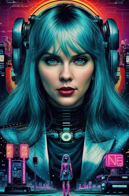<lora:Taysway_V5-10:0.4> Taysway, adult woman, long neon turquoise hair, 80s movie poster themed, 80s poster style, psychedelic, mind blowing, trippy, retro artwork, (cyberpunk theme:1.3), (mechanical:1.2)