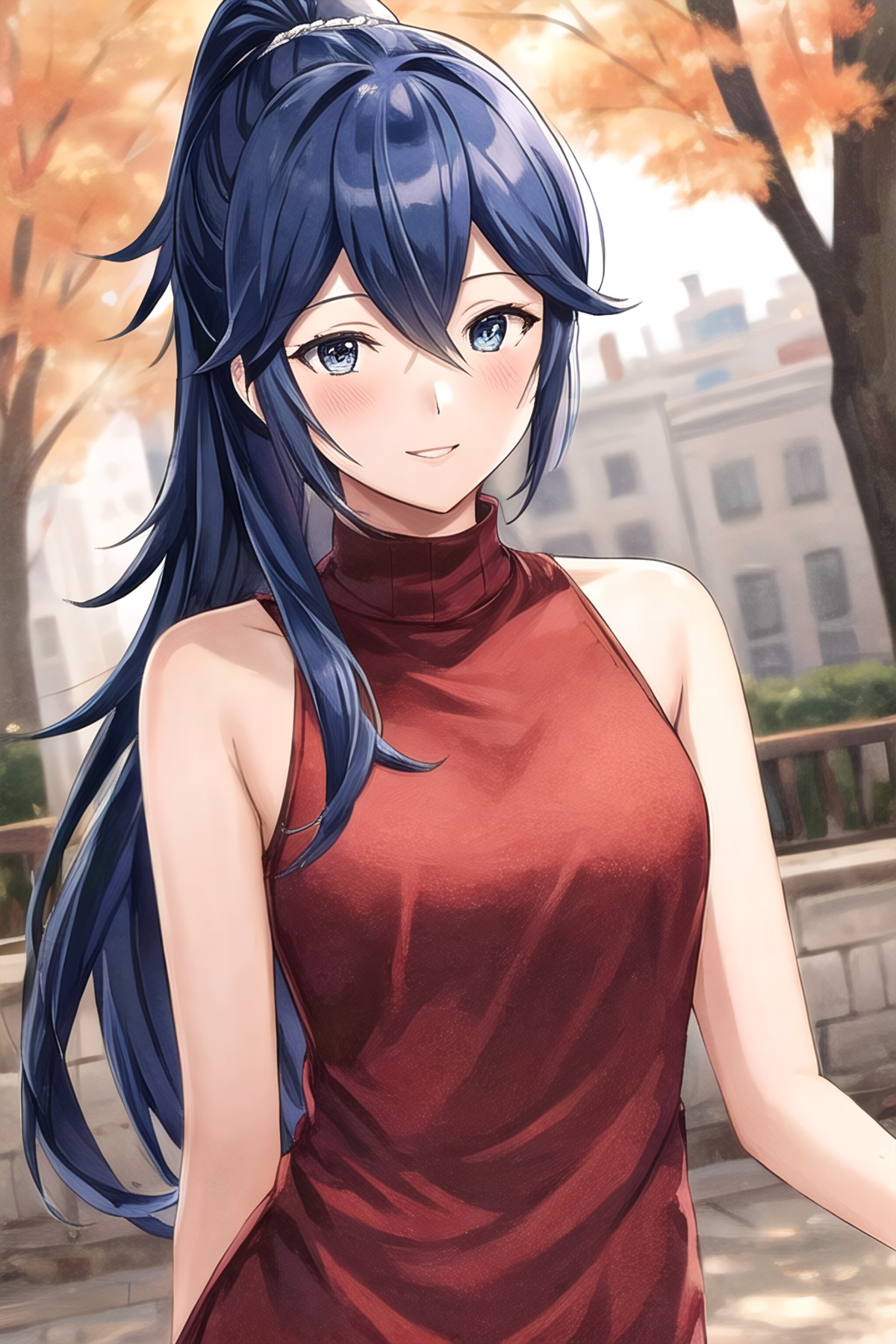 <lora:lucina-10:0.7>, lucina fe, 1girl, solo, red sweater, smile, upper body, autumn, ponytail