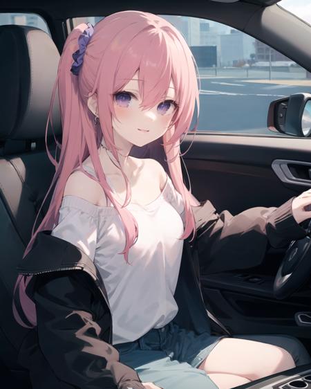 (masterpiece, best quality),1girl sitting in a car ,1girl, jewelry, smile, looking at viewer, car interior, solo,pink hair, purple eyes, steering wheel, blush, long hair, white shirt, off shoulder, black jacket, hair between eyes, long sleeves, , wrist scrunchie,