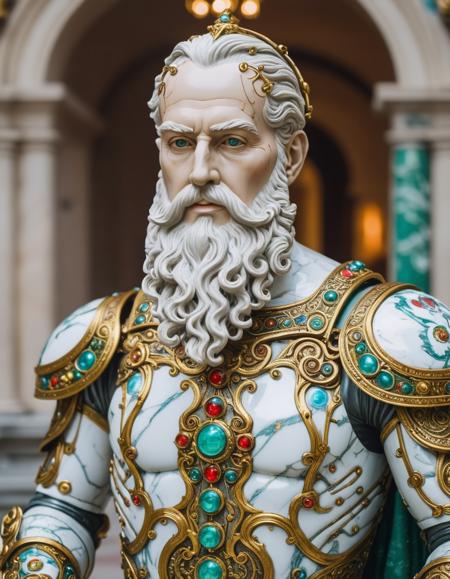 cybernetic ai robotic android man with a big white beard wearing an xmas suit, glowing eyes, exposed circuits, Marbled halls, classical statues, renaissance art, sculpted masterpieces, timeless beauty., a marble sculpture