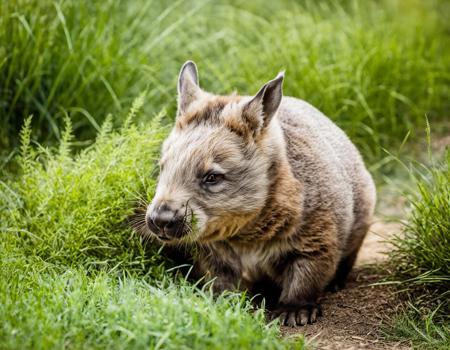 (raw photo) a wombat (krefftii) sitting, (facing left), young, grass, joey