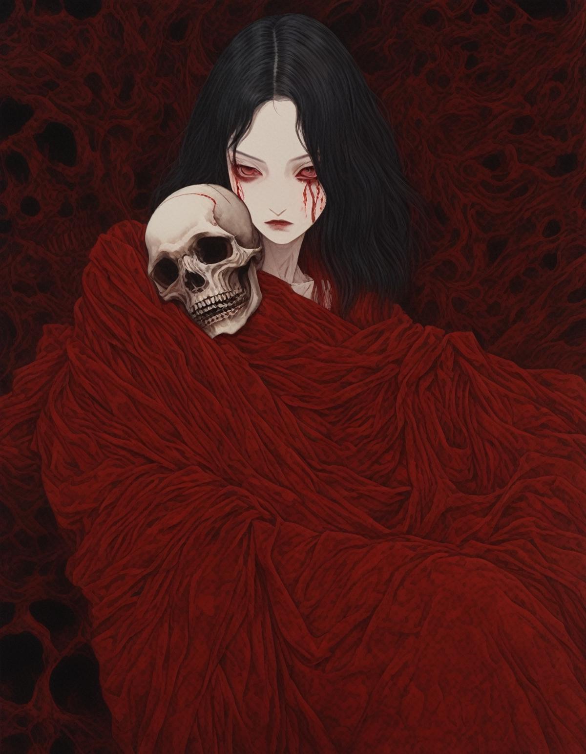 A woman holding a skull in a red sheet.