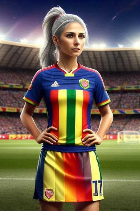 Skittles, Taist the rainbow, Older mature female, 39 years old, long gray hair, high-ponytail, round face, closed up portrait,  anatomic correct bodies, lots of detail, soccer stadium, grass, center spot soccer field, standing, hands out of view, beautiful make-up, feminine, soccer shirt made of skittles, Romanian emblem, small vertical red and blue line, stretched decorations in the colors of the Romanian flag, uniform made of Romanian national soccer team.