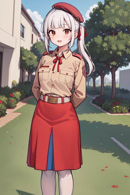 (masterpiece, best quality:1.2),  1girl, cm uniform, brown shirt, red skirt, white pantyhose, upper body, solo, outdoors, brown belt, red beret, arms behind back, long hair, white hair, blunt bangs, red ribbon, long sleeves
<lora:cm2fin:1.5>