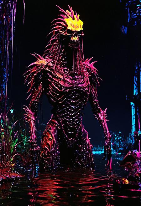 Ancient underwater animatronic mechanical monster with decaying rubber flesh, dark murky water, VHS screen grab, nostalgic, old 80s found footage
silhouette ,
in the style of the decaying empire of Wrstreich, dark magic and grotesque creatures abound, inspired by Sean Aaberg's punk aesthetic, dark fantasy world combines grim landscapes with vibrant, exaggerated neon colorful art, old 80's VHS dark fantasy, VHS screen grab, grainy, old footage