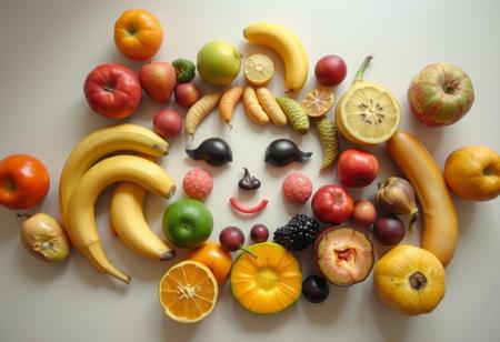 Various types of fruits are placed on a table, where the overall pattern is forming a cute girl’s face in an abstract style.