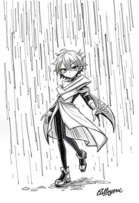 A hand-drawn black and white sketch with bright lens flares and light streaks, depicting a stylized character in a dynamic composition with rough lines, textured pencil strokes, and a white background. The scene is set in rain, featuring watercolor textures, graphic novel aesthetic, fantasy elements, expressive poses, whimsical atmosphere, ethereal lighting, futuristic undertones, and sleek details.