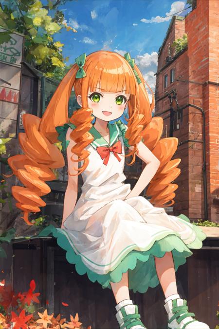 pomponette, green eyes, long hair, hair bow, twintail, hair drill, orange hair, white dress, bow, smile, sitting, city  <lora:pomponette-v3:1>