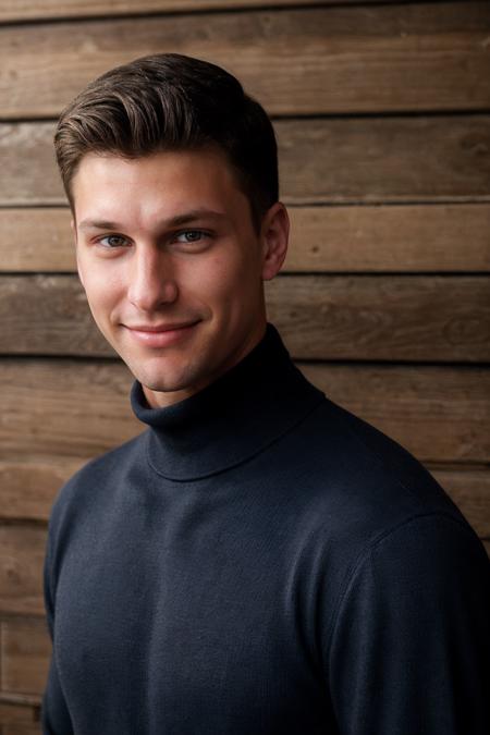 (medium shot) photo of kyle_hynick <lora:kyle_hynick-05-prodigy:0.75> wearing a fitted dark navy blue turtleneck sweater, weathered wooden texture backdrop, balanced soft lighting, warm lighting, inviting and approachable, strong and contemplative, gentle confident smile, vintage maritime aesthetic