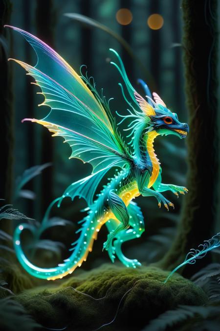 <lora:World_of_Glass_Filament:0.8>, w0gf1, <lora:lora:1>, fardrag, faerie dragon, made of tiny neon glass filaments, translucent wings, flying through a forest at night,