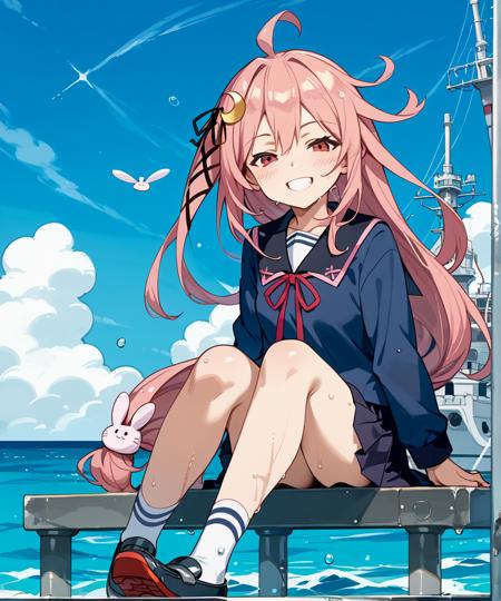 uzuki (kantai collection), pink hair, red eyes, low-tied long hair, ahoge, crescent hair ornament, rabbit hair ornament, hair ribbon, school uniform, serafuku, black shirt, neck red ribbon, long sleeves, pleated skirt, black skirt, striped calf socks, gray shoes