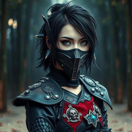 1girl, beautiful pwoman, black hair, short messy hair, 25 yo,, ((beautiful smile))), black lips,(exotic dancer on a stage :0.9), detailed eyes, photorealistic eyes, distance shoot, green eyes, black eye shadow, eye liner, big eyelashes, A photorealistic full-body vertical portrait of a fierce emo samurai girl with pale skin and sharp, aggressive features. She wears intense goth makeup: heavy black eyeliner, dark eyeshadow, and a cold, defiant gaze. Her expression is intimidating and powerful. She dons a dark, gothic-style mengu mask with spiked elements, skull motifs, and intricate metallic engravings. Her tribal-style samurai armor is infused with goth-punk aesthetics—black leather, crimson velvet inlays, turquoise threadwork, and jagged ornamental patterns. Her stance is strong and confrontational in a moonlit bamboo forest. The atmosphere is moody and cinematic, with soft bokeh, dramatic lighting, and a grainy 16mm film look. Highly detailed, rich in emo and goth influence, with no text or letters in the image.

Simulating Kodak Ektacolor Pro 160, with a custom white balance at 5500K. cinematic lighting, analog film, film grain, kodak chrome, cool cinematic tones,high contrast, sharp details, with moody lighting that adds depth,. (cinematic atmosphere:1.3), deep photo, depth of field, (black hair)), , (ambient occlusion), (cinematic lighting:1.3), (4K image quality:1.3), (sharp detail:1.3), (highly realistic:1.3), (dim warm cinematic lighting:1.3)