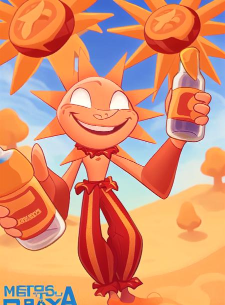 SunFNAF, bell, red clothing, bottomwear, (humanoid), male, sun, rays, spikes, smile, solo, white eyes, full body <lora:dca-2d-run3:0.75> plastic bottle, drinking, soda bottle, (best quality, masterpiece:1), detailed