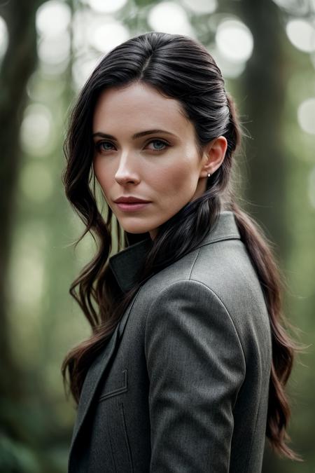 perfect cinematic shoot of a beautiful woman (EP3l1z4b3thTull0ch:.99), a woman standing at a forest edge, perfect high ponytail, wearing sexy gray (coat), (meteor showers in background:1.2), (detailed background:1.1), (face focus), modelshoot style, (extremely detailed CG unity 8k wallpaper), professional majestic (photography by Roberto Ferri:1.1), 24mm, exposure blend, hdr, extremely intricate, High (Detail:1.1), dramatic, soft cinematic light, (looking at viewer), (detailed pupils),8k, highly detailed, rich environment, 4k textures, soft cinematic light, elegant, ((((cinematic look)))), soothing tones, insane details, hyperdetailed, ("In Jernau we trust!":1.1)