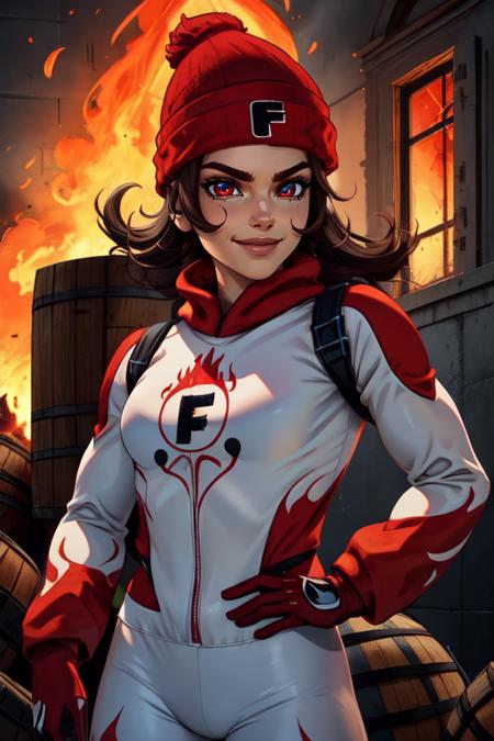 Heat, brown hair, red eyes, 
white and red body suit  with flames,  red beanie with letter F,   red gloves, 
solo, upper body, standing,  smile, 
burning building, windows, barrels, 
 (insanely detailed, beautiful detailed face, masterpiece, beautiful detailed eyes, best quality) 
 <lora:heat-10:0.7>