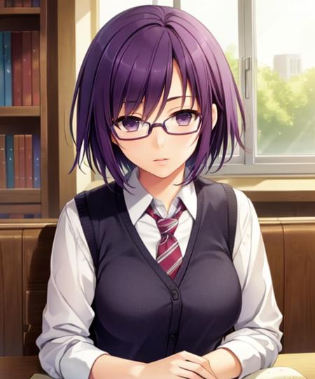 (adult woman), (1girl, solo), (looking at viewer), (vest, tie), (glasses), (purple hair, short hair), (green eyes), ((inside, library)), (window), (best quality, high detail), ((masterpiece)), <lora:1_koizumiamane_20e:1>