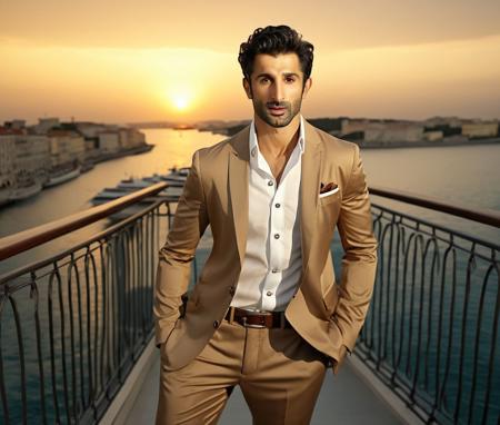 Nautical-themed (Photo:1.3) of (Ultrarealistic:1.3) <lora:Man_Men_FFashion:1> patrick dempsey a man <lora:sidhant-gupta_patrick-dempsey:1> in a tan suit standing on a balcony, sun behind him, inspired by Pablo Munoz Gomez, shot at golden hour, editorial photograph, midshot of a hunky, by Roman Bezpalkiv, by Artur Tarnowski, maxim sukharev, by Gabor Szikszai,Highly Detailed,(Mono Color:1.3) . Sea, ocean, ships, maritime, beach, marine life, highly detailed