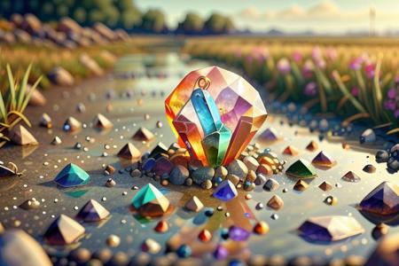 (GemstoneAI magical crystal, perfect transparent, see-through, reflections, energy, gravel Streambed) in a green grassland, covered in plants, flowers, colorful, sharp focus, high detailed, realistic, day, blue sky, energy, masterpiece, HDR, ultra-detailed,