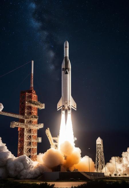 close-up European Ariane rocket during takeoff, starry night sky background