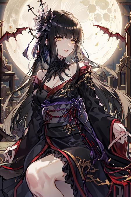 Yotsuyu FFXIV,  1girl,  bangs,  bare shoulders,  bat hair ornament,  black collar,  black hair,  black kimono,  blunt bangs,  blunt ends,  cleavage,  collar,  detached collar,  flower,  full moon,  hair flower,  hair ornament,  hyur,  japanese clothes,  kanzashi,  kimono,  long hair,  looking away,  looking to the side,  makeup,  mole,  mole under mouth,  moon,  obi,  obiage,  obijime,  off shoulder,  parted lips,  railing,  sash,  sidelocks,  sitting,  smile,  solo,  straight hair,  tassel,  wide sleeves,  yellow eyes, <lora:EMS-49404-EMS:1.000000>