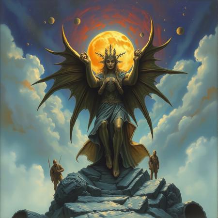 The cracked brass bells will ring
To summon back the fire witch
To the court of the crimson king
A painted prog-rock album cover in the style of Luis Royo and Frank Frazetta.