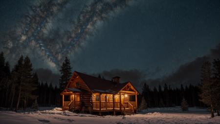 ((masterpiece:1.4,best quality)), cloud, outdoors, night, stars, moon
(mountains), spring glade, scenery, sky, winter, (cabin:1.2), tree,
 high detail, abundant, 8k, high detail, wallpaper,