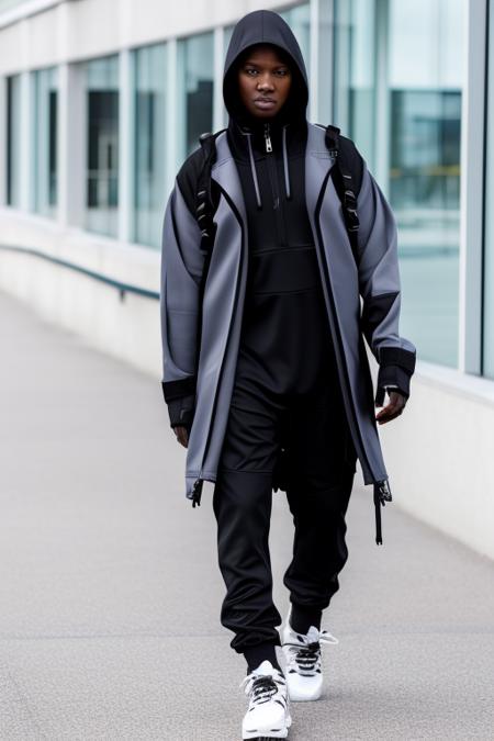 modelshoot style. a woman wearing a techwear, shopping center