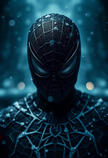 symmetrical super close up shot of Spiderman in a Black winter day, gothic, sad environment, poetic, Dark, melancholic, Epic, hyper detailed, ultra realistic, top dramatic lights, dynamic shadows
