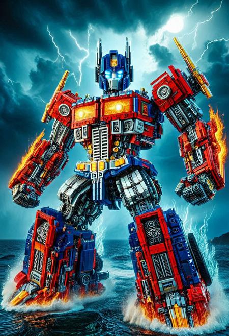 digital art images, beautiful, fantasy, and complex, detailed portrait , 
Lego set eastern_optimus prime autobot made of lego
fiery colors, deep green, electric yellow, molten golden edges, 
beautiful, 
thunder,bolt
sea, night time, cloudy,
masterpiece, photorealistic, highly detailed,