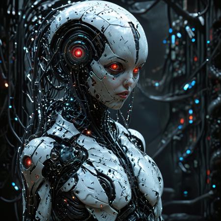 (biopunk sexy woman:1.2) with cybernetic features, cinematic, cyberpunk elements, amazing detailed, grim sci-fi, biomorph, organic and mechanical, natural light, beautiful cleavage, glowing red eyes  <lora:Dark_Futuristic_Circuit_Boards:0.6>  circuitboard, dark futuristic  <lora:hyperkraximalism_v1-1:0.2> <lora:Faceless_Cyborgs:0.9>  <lora:SDXLFaeTastic2400:0.6>