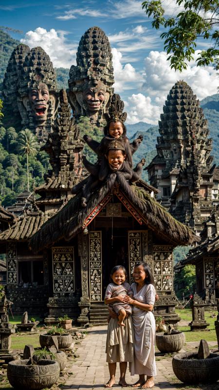 a portrait of mysterious entities, scary grin512, <lora:XSArchi_127:0.3> fantasy indonesian tribal cities, ((toraja, villages, family:1.3)), (stone, ethnic engraving), neanderthal and homo sapiens war, borobudur, market, monkey, majestic apartment, tree house, golden cities, wonderful cinematic, futuristic, scifi, magical, <lora:djzMarketplaceV21:0.2> marketplace style, crowd, people, standing, building, pottery, garden, ((perfect quality)), <lora:add_detail:1>