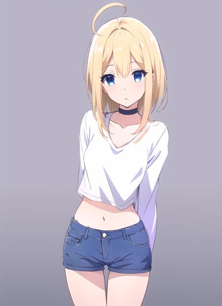 girl, solo, blue eyes, blonde hair, blunted bangs, hime cut, gradient eyes, perfect skin, perfect lighting, simple white background, choker, stare, sketch lines, drawing, expressive eyes, blush lines, line art, tall, thigh_gap, eyelashes, ahoge,
loose v neck t shirt, long sleeves, v-neck, jean shorts, midriff, standing, arms behind back, mature female, sanpaku eyes,
<lora:homebrew_aleos696:0.8>,